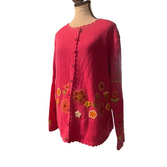 Tiara International Pink Oversized Floral & Embroidered Knit Cardigan Size Small - Picture 2 of 8